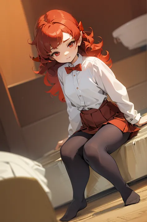 masterpiece, 8k, very curly red hair, head bow, very tiny miniskirt, pantyhose crotch,  sitting open legs