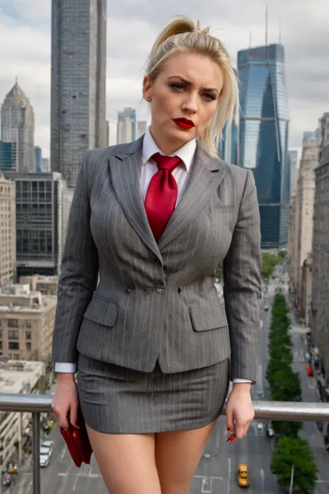 a beautiful giantess woman with blonde hair in a ponytail and red lips, wearing a perfectly fitted grey pinstriped suit and blaz...