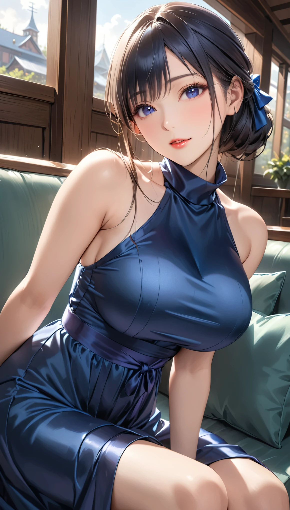 (masterpiece,Best Quality,Ultra-high resolution),Inside the Western-style building,One Japanese woman,In heat,A seductive and alluring expression,Her beautiful long hair is tied back,bangs,Baby Face,Pursing his lips, (((Very beautiful 20 year old))),Big Breasts,Breast bag,(Navy blue satin high-necked tight long dress:1.8),(Tight fit),Bodyline,(Satin Opera Gloves:1.8)、Satin has a very strong luster、(He is spreading his arms wide out to the sides, facing me.)),(Lying on the sofa with legs spread:1.8),Satin black panties