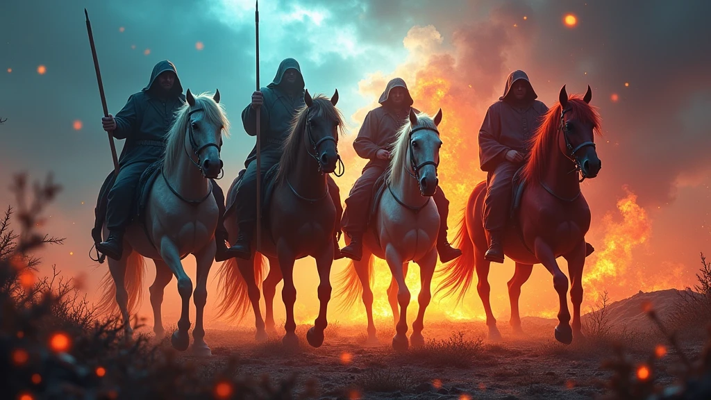 (((The four horsemen of the apocalypse))), eerie, creepy, nightmarish, very bright colors, light particles, with light glowing, Mshiff, wallpaper art, UHD wallpaper