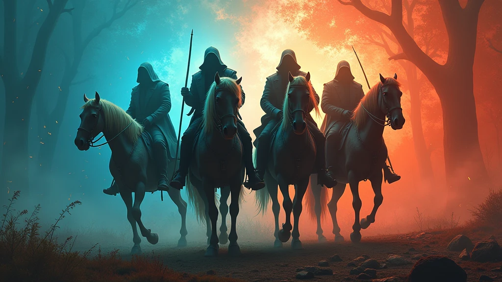 (((The four horsemen of the apocalypse))), eerie, creepy, nightmarish, very bright colors, light particles, with light glowing, Mshiff, wallpaper art, UHD wallpaper