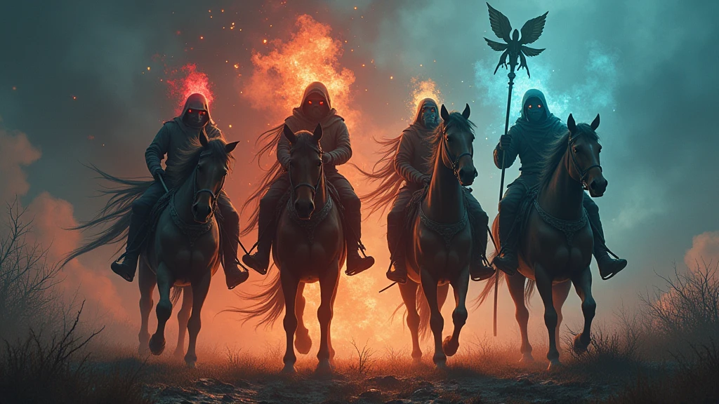 (((The four horsemen of the apocalypse))), eerie, creepy, nightmarish, very bright colors, light particles, with light glowing, Mshiff, wallpaper art, UHD wallpaper