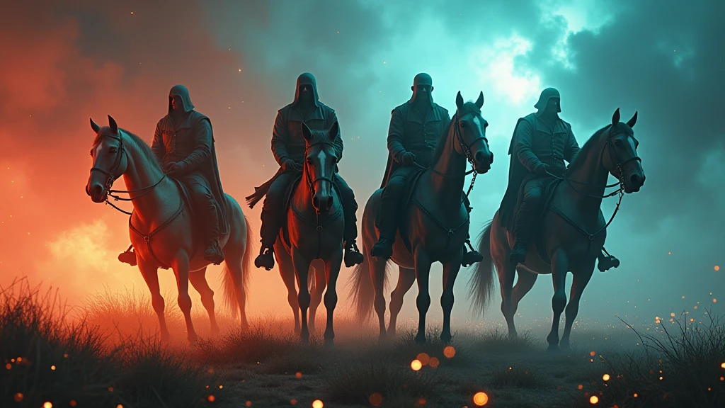 (((The four horsemen of the apocalypse))), eerie, creepy, nightmarish, very bright colors, light particles, with light glowing, Mshiff, wallpaper art, UHD wallpaper