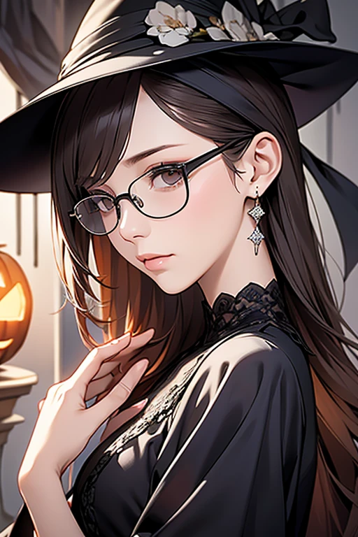 Best Quality、masterpiece、High sensitivity、High resolution、Detailed Description、Delicate facial depiction、Slender woman、Glasses、Semi-long、Calm expression、Halloween、Costume、