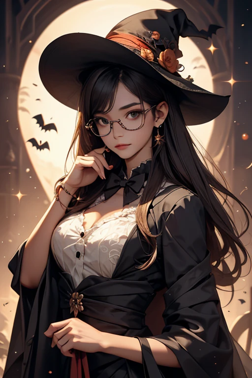 Best Quality、masterpiece、High sensitivity、High resolution、Detailed Description、Delicate facial depiction、Slender woman、Glasses、Semi-long、Calm expression、Halloween、Costume、