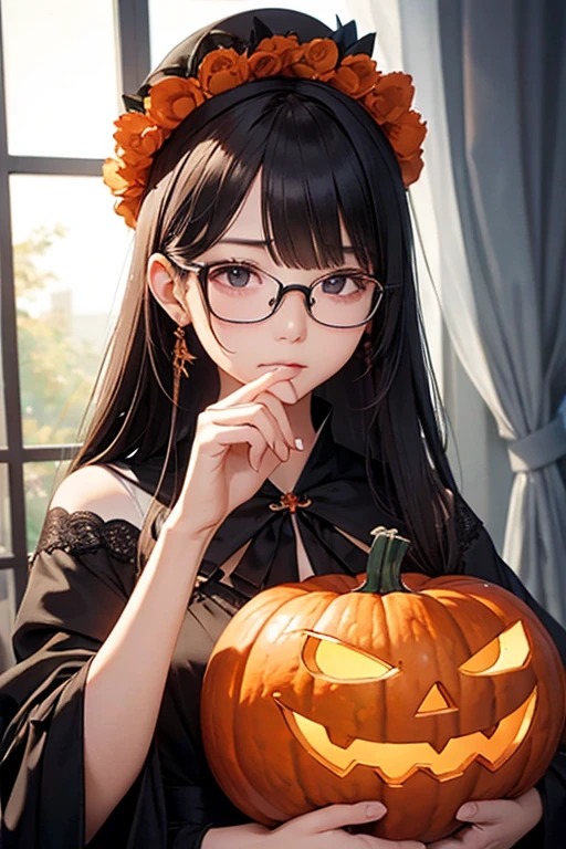 Best Quality、masterpiece、High sensitivity、High resolution、Detailed Description、Delicate facial depiction、Slender woman、Glasses、Semi-long、Calm expression、Halloween、Costume、pumpkin、