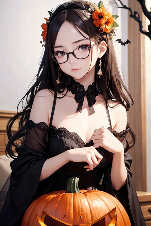 Best Quality、masterpiece、High sensitivity、High resolution、Detailed Description、Delicate facial depiction、Slender woman、Glasses、Semi-long、Calm expression、Halloween、Costume、pumpkin、