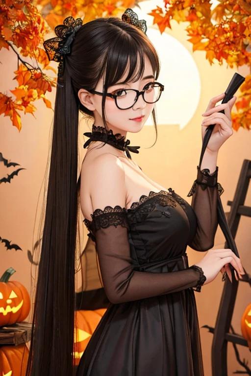 Best Quality、masterpiece、High sensitivity、High resolution、Detailed Description、Delicate facial depiction、Slender woman、Glasses、Semi-long、Calm expression、Halloween、Costume、pumpkin、