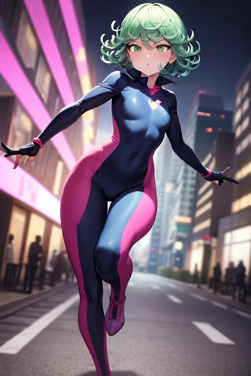 Masterpiece, best quality, ultra detailed, illustration, lighting epic, cinematic composition, 1 girl, Tatsumaki, short hair, green hair, very small breasts, green eyes, bright eyes, blushing, closed mouth, piercing gaze, full body, black collar, tall, slim, athletic, circles on her wrists, pink details, black fingerless gloves, pink wristbands, nanotech speedster suit that resembles light armor, pink chest with an emblem, pink chest, black suit with pink lines, pink speed emblem on her chest, pink emblem, blue pants, gray knee pads, metallic pink boots, white superhero belt, running through the city, pink light trail, laser, city background, anime