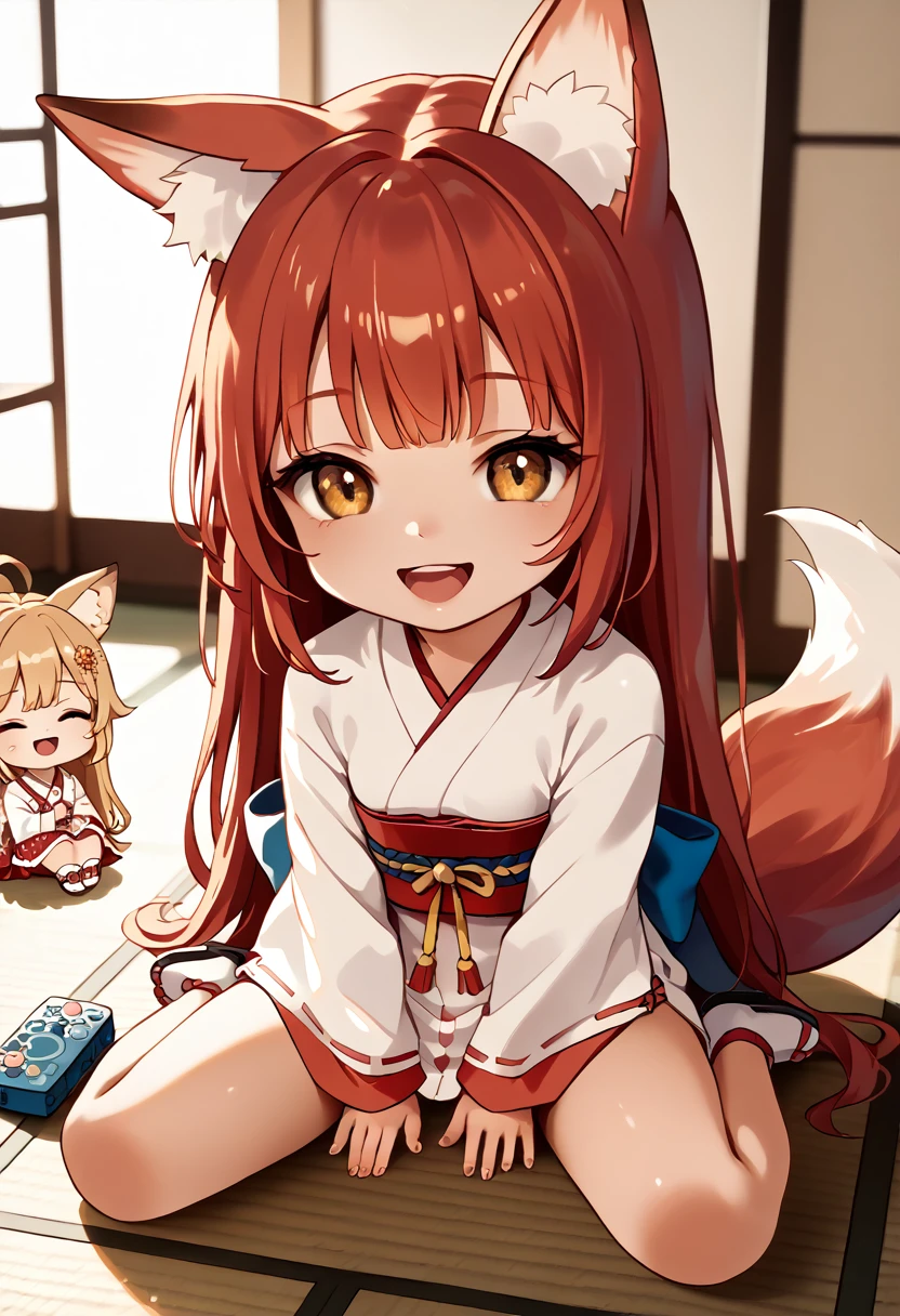 (masterpiece, best quality, ultra-detailed:1.2), hyper detailed, fine line drawing, cute,
1girl, miko, chibi, fox ears, fox tail, sitting on the floor, laughing, spread arms,