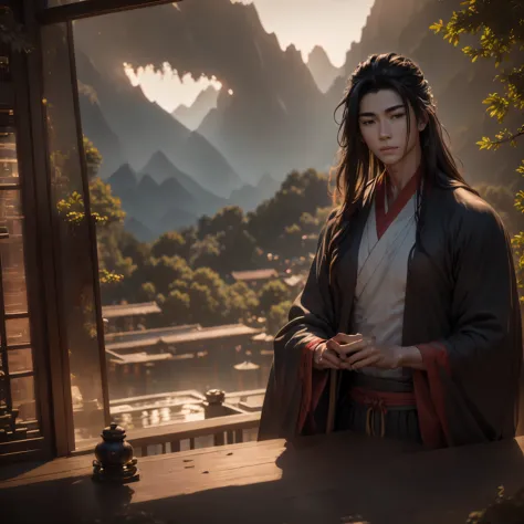 lake, water lilies, wei wuxian sitting in a boat and playing a bamboo flute in the wind, a handsome black haired long haired you...