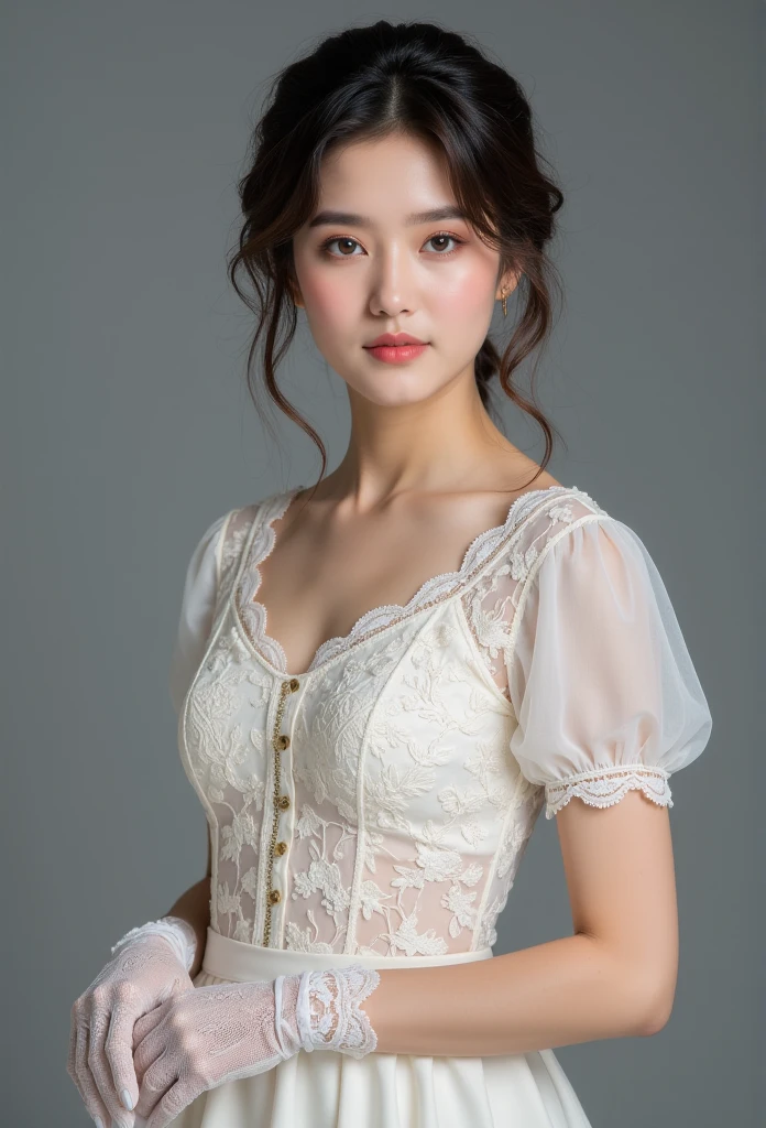 (masterpiece, Best quality, Realistically, Work, Looks super detailed, 8K), ((Wide-angle lens, Female whole body love)), 1 girl，Light makeup，Exquisite facial features，Dark brown hair, Fluffy hairstyle, curls，Short hair，White lace gloves，Lace shirt，Cotton lace skirt，Frontal stance ，For the audience，Full body portrait，Gray background