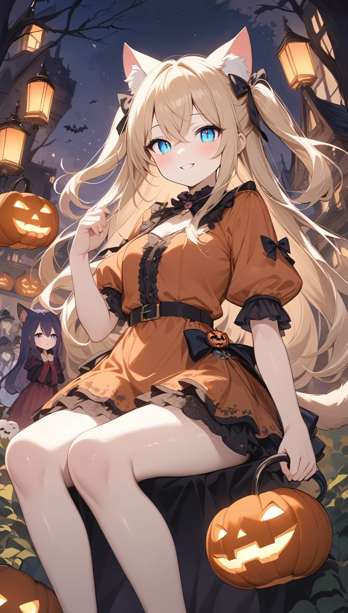 One girl、punching、seductive smile,Teenage Girl、(slit pupils), (blue eyes), (Beautiful detailed eyes: 1.6)、Golden Hair，Long Hair、two side up、Crossed Bangs, Hair between、Cat ears and tail、((halloween costume)), masterpiece、Best Quality、High resolution、、Very detailed、Clear white skin、Simple white background,Great graphics、A classic Halloween party scene, under a dark night sky, with glowing pumpkin lanterns and a gothic-decorated old mansion. People in costumes gather, including witches, vampires, and ghosts, enjoying a dance. Moonlight illuminates the garden, with bats flying among the trees. Warm orange and deep purple lighting envelops the entire scene, creating a mystical and slightly eerie atmosphere