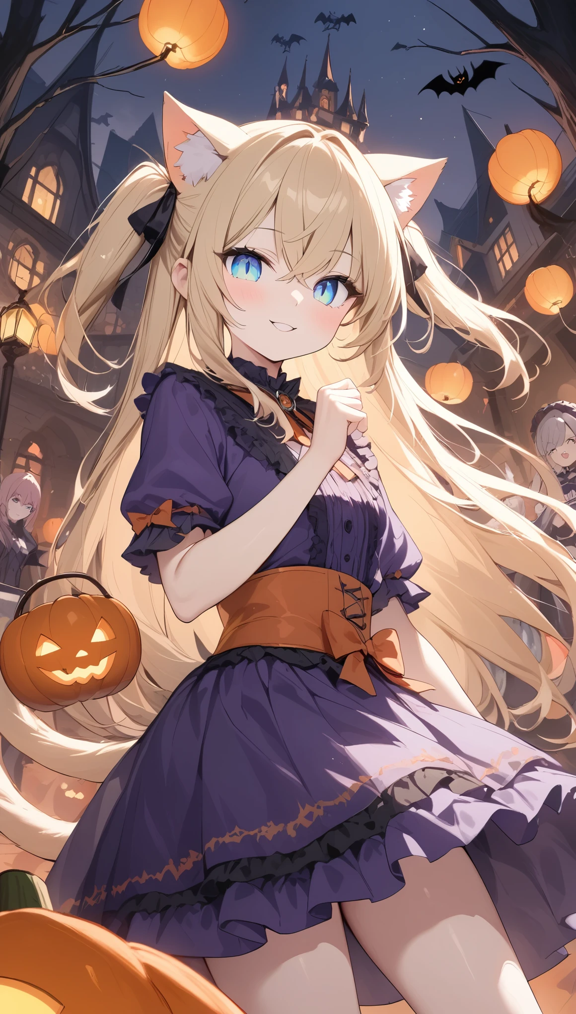 One girl、seductive smile,((gothic ta))、Teenage Girl、(slit pupils), (blue eyes), (Beautiful detailed eyes: 1.6)、Golden Hair，Long Hair、two side up、Crossed Bangs, Hair between、Cat ears and tail、((halloween costume)), masterpiece、Best Quality、High resolution、、Very detailed、Clear white skin、Simple white background,Great graphics、A classic Halloween party scene, under a dark night sky, with glowing pumpkin lanterns and a gothic-decorated old mansion. People in costumes gather, including witches, vampires, and ghosts, enjoying a dance. Moonlight illuminates the garden, with bats flying among the trees. Warm orange and deep purple lighting envelops the entire scene, creating a mystical and slightly eerie atmosphere