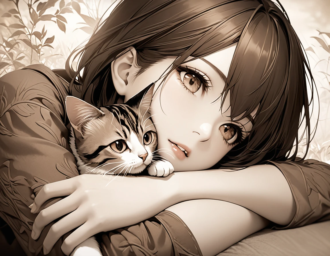 Sepia, cat clinging to owner's arm, delicate and dynamic textures, digital graphic CG, BREAK ultra detailed, absolutely resolution, best quality