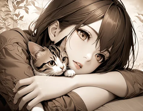 sepia, cat clinging to owner's arm, delicate and dynamic textures, digital graphic cg, break ultra detailed, absolutely resoluti...