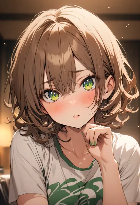 white, short brown hair, green curly eyes, top quality