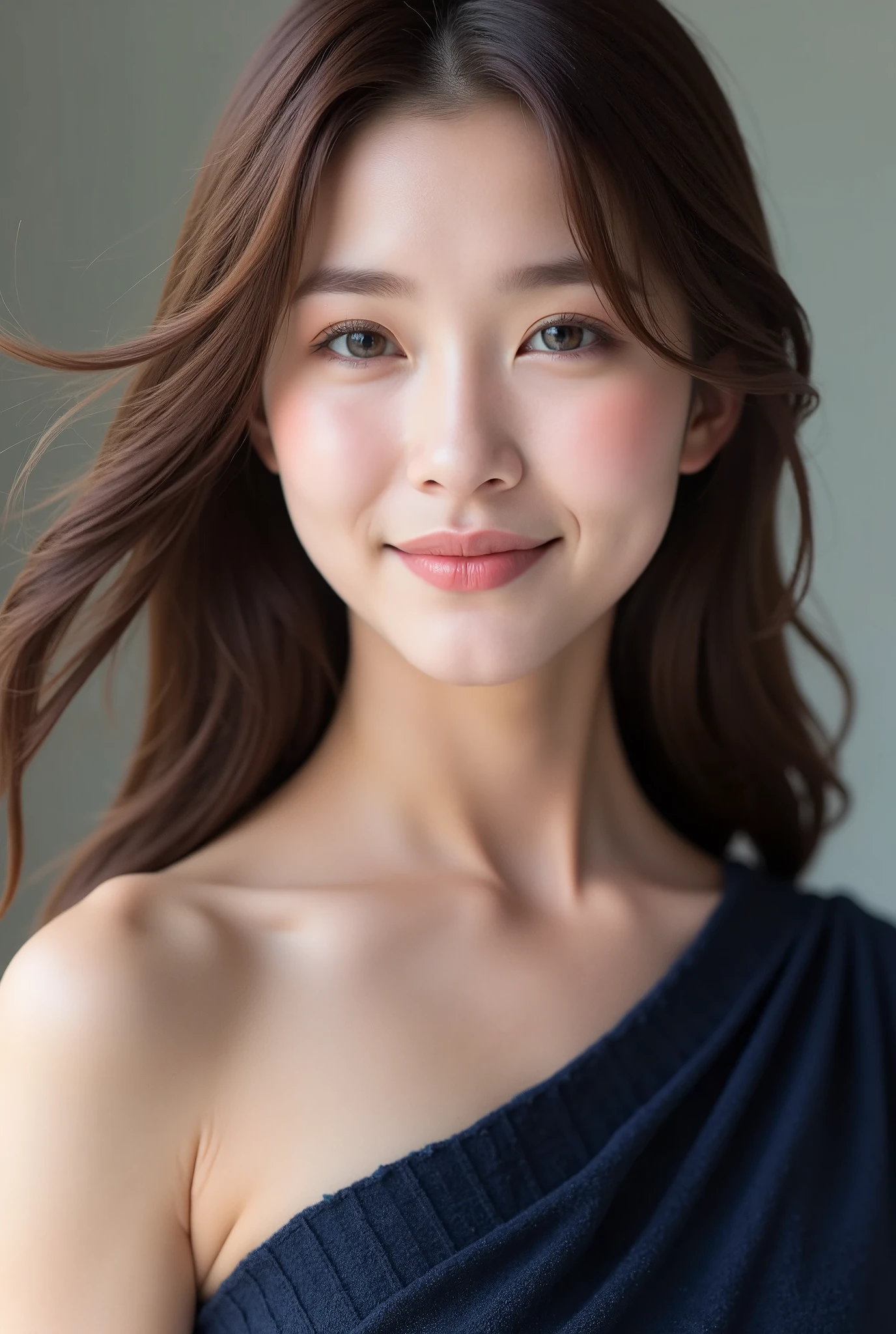 Close up,((face focused)),Detailed details,、high resolution、high quality、Perfect dynamic composition、Beautiful detailed eyes、Natural Color Lip、1 asian woman、Transparent skin、Glowing hair、smiling,masterpiece、Best Quality、finely detail、high resolution、8K、The correct state of the human body、She wears a navy blue long knit dress、randome pose、Gravure Model Pose、long Hair soaring in the wind