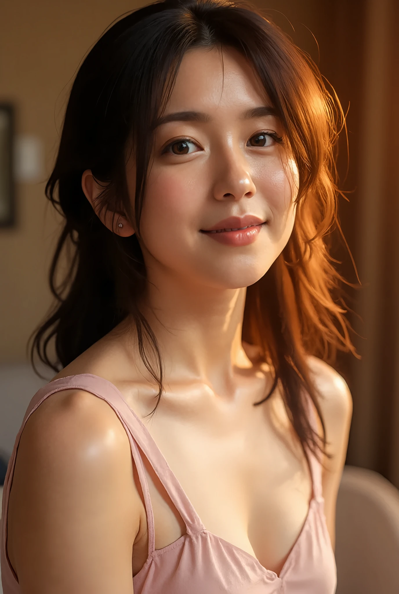 1 asian woman, solo, close up, slender, white Brause and pink mini-skirt, soft smiling, (best quality,8k,highres,masterpiece:1.3), ultra-detailed, (realistic,photorealistic,photo-realistic:1.37), portrait, cinematic, warm lighting, medium format, golden hour, dramatic shadows, vibrant colors