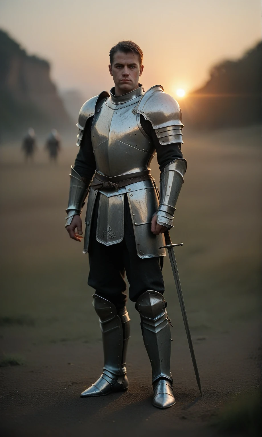 score_9, score_8_up, score_7_up, score_6_up, sharp, photo, fantasy photo, male, knight, 50 years old, stern face, knight's armor, standing on the battlefield among s, gloomy photo, sunset, dramatic lighting, looking at viewer, black background, depth of field, bokeh