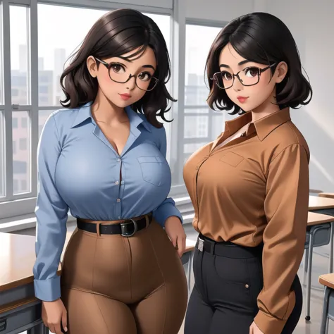 an awkward cute petite short skinny slightly curvy tan skin mexican teacher, medium wild volumetric hair, one wearing glasses, b...