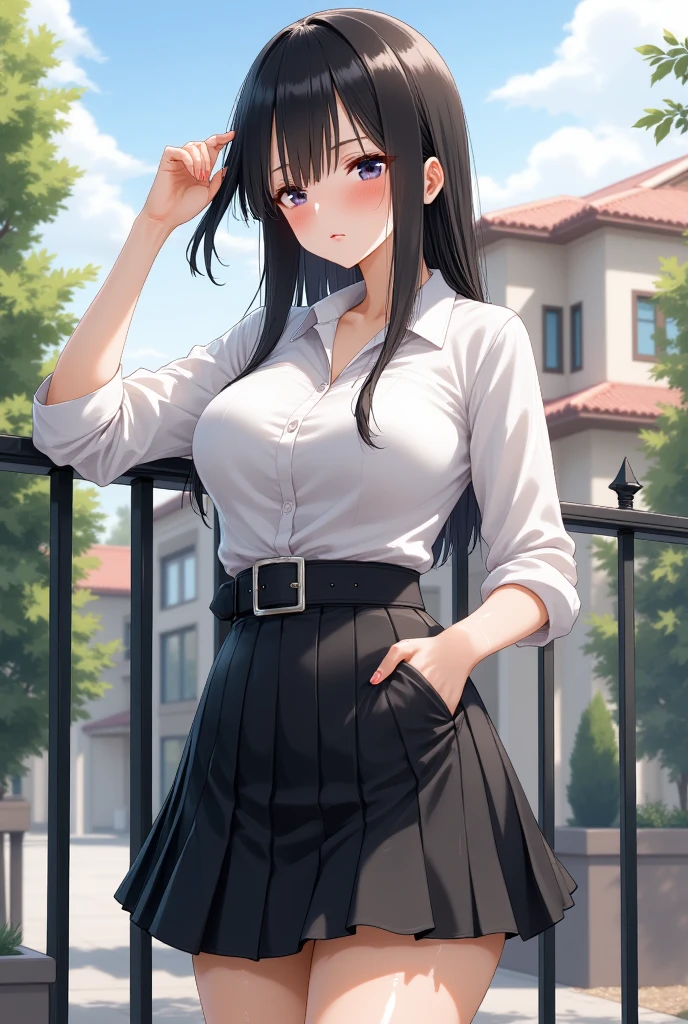 Anime style, shiny skin, Woman, big breasts, standing beside a stylish fence, right hand elbow leaning to the fence and brushing her hair, left hand in pocket, white shirt, short black school girl skirt, black leather belt, black heels, full body shot