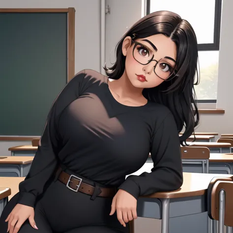 an adorable cute petite short skinny slightly curvy tan skin goth mexican teacher, medium wild volumetric hair, one wearing glas...