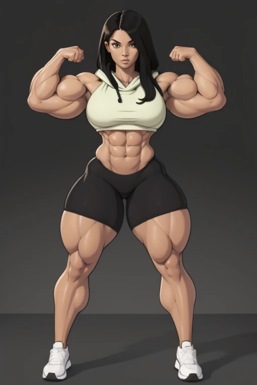 (((only one woman on picture,))) fullbody view, flat graphic style, sketchy simplified picture, flat minimalistic style, 20 yo tall woman, extremely attractive, straight black hair, warm hoodie top, tight yoga pants, perfect sixpack abs, strong well defined muscle, ultra massive female bodybuilder, perfect and flawless musculature, great muscle definition, very muscular buff