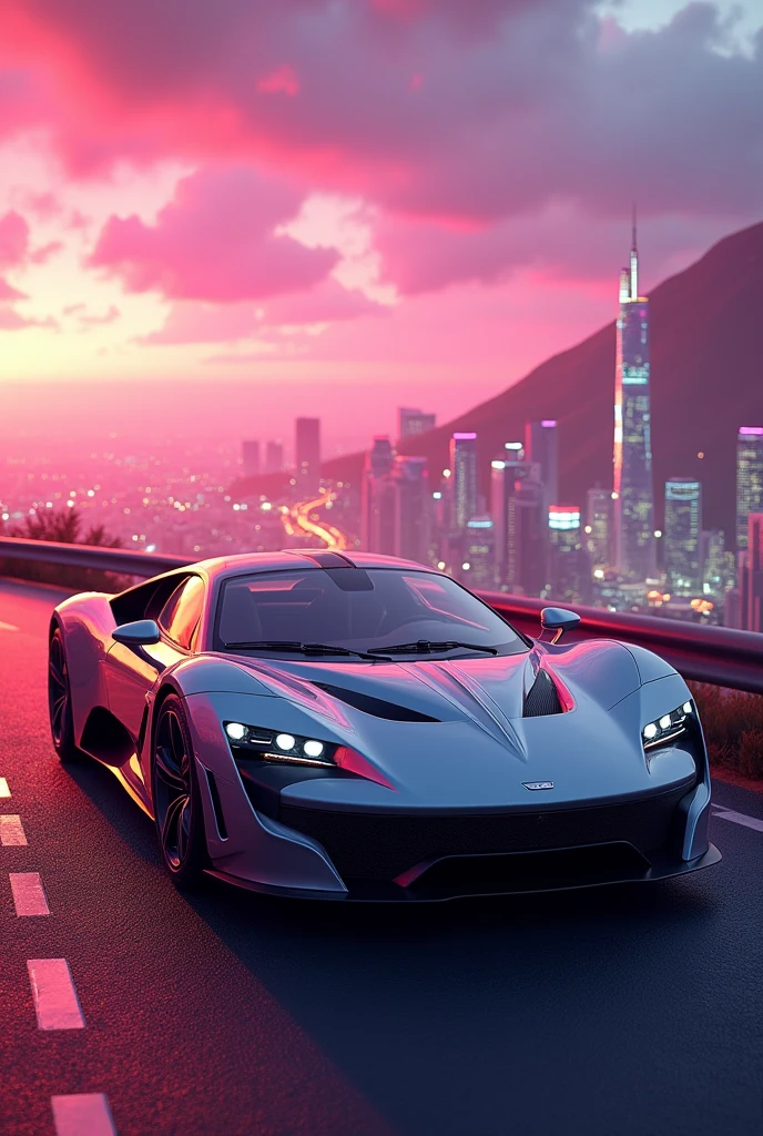 The car is parked next to the road. :: rosa sunset and city in the background :: 1980 :: Luxury style :: Hyperdetailed : ultra realistic :: cinematic :: neon lighting :: Unreal Engine :: RTX--ar 2:3, (VaZ2113),  