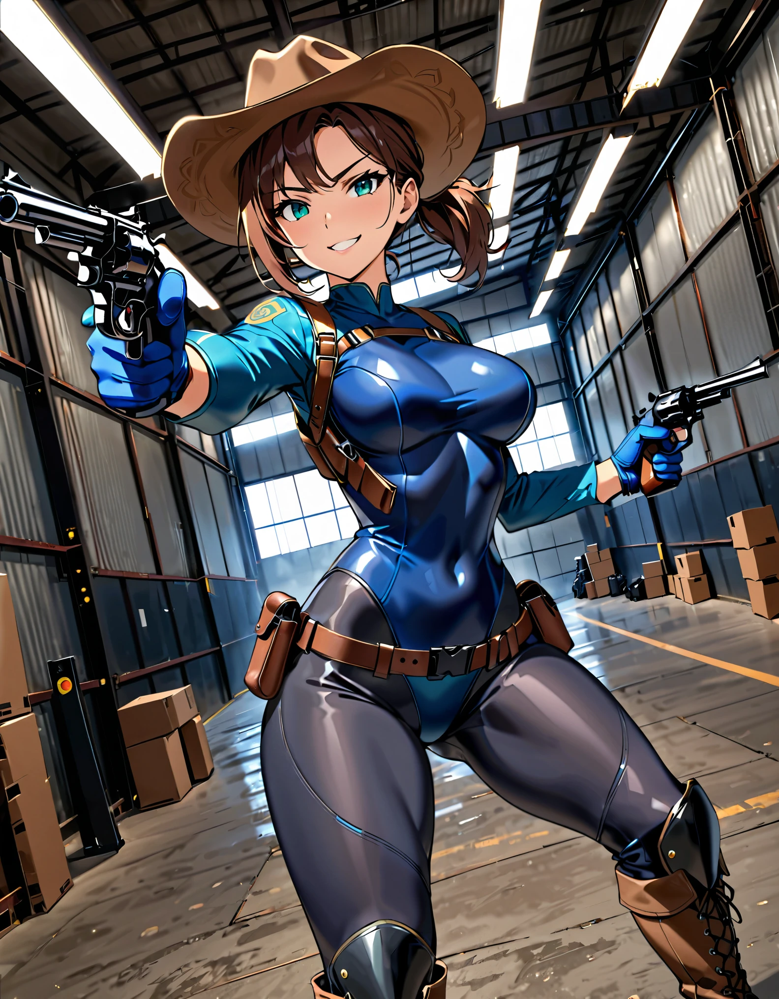 masterpiece, best quality, 1lady, solo, solo focus, (tall body), hispanic, brown hair, short hair, ponytail, blue-green eyes, medium breasts, beautiful detailed eyes, beautiful detailed face, smirk, ((brown cowboy hat)), (bodysuit, (solid blue bodysuit, leotard, dark blue leotard, skin-tight dark grey leggings), perfect fit), long sleeves, (gloves, dark blue gloves, matching gloves, boots, combat boots, dark blue boots, matching boots), (tight belt:1.1, pouches, drop-down pistol holster, knee pads), ((pointing pistol at the viewer, revolver)), full body, cowboy shot, empty warehouse, danger atmosphere.