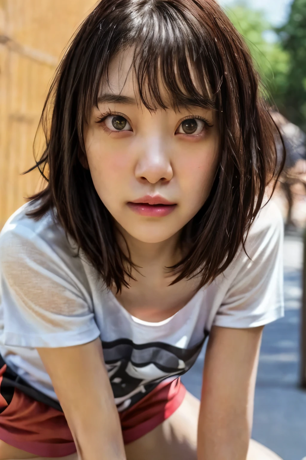 (realistic, photo-realistic:1.4), (master piece, best quality), high resolution, extremely detailed, intricate details, (sharp focus), solo, a Japanese young woman, (loose t-shirt, shorts, downblouse:1.5), dark hair, (short bob cut, blunt bangs), (detailed face, detailed eyes, beautiful pupils, sophisticated nose), pale skin, fine-textured skin, BREAK, photo background, outdoors,