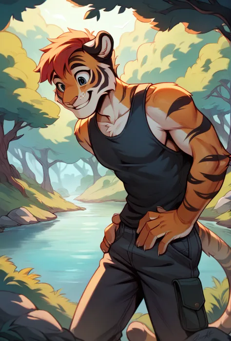 a tiger, with sleeveless suit, hairstyle (copete), arrested, in a forest, trees, rocks, river, bottom, smiling, happy, detailed ...