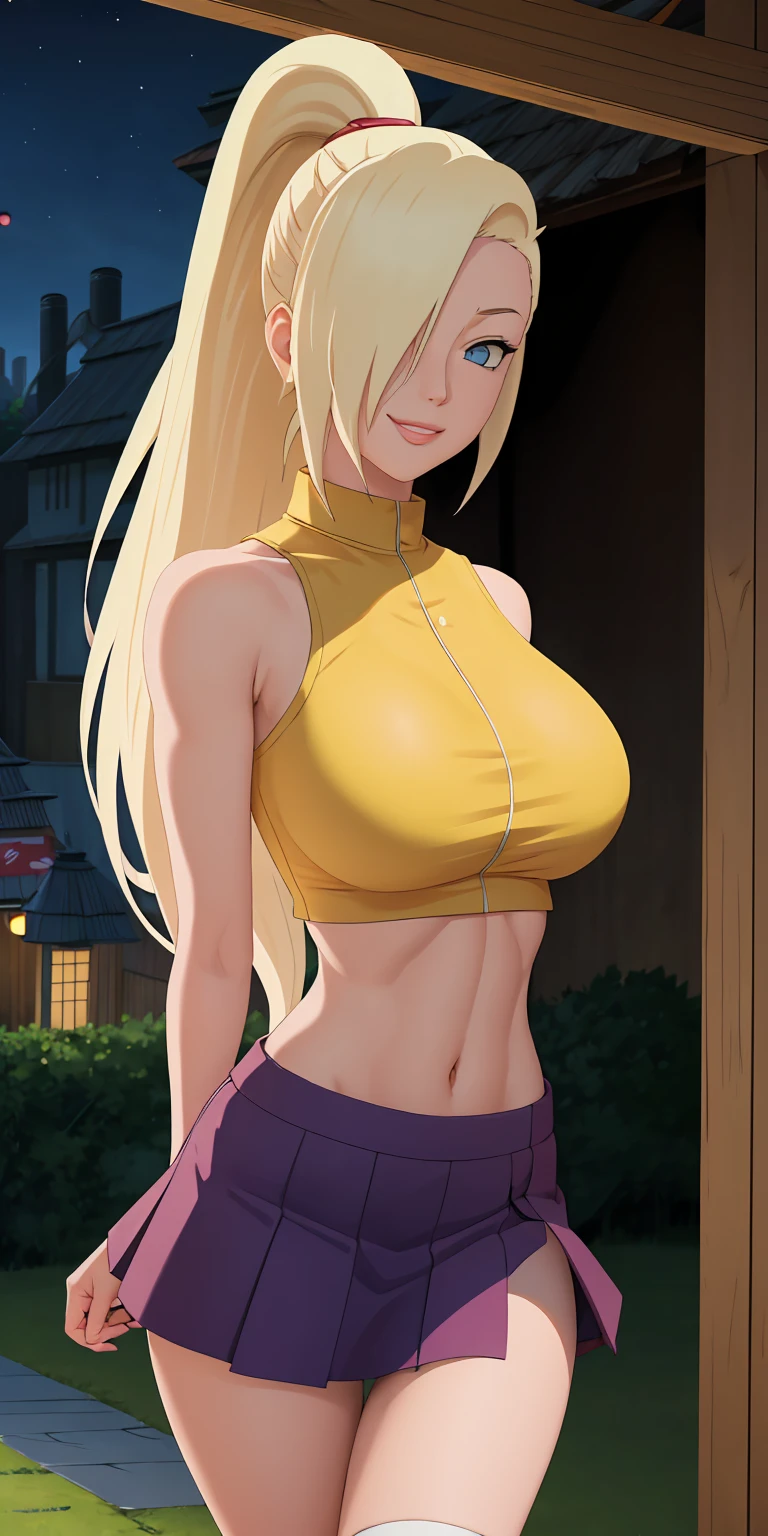 masterpiece, best quality, extremely detail 8k cg, high resolution, 1girl, solo, mature female, Skirt_InoYamanaka_ownwaifu, blonde hair, blue eyes, hair over one eye, large breasts, long hair, ponytail, crop top, midriff, miniskirt, bare shoulders, bow, purple skirt, sleeveless, yellow shirt, titsonastick, skindentation, bare shoulders, thigh gap, seductive expression, smirk, beautiful face, night time, konohavillage, medium full shot