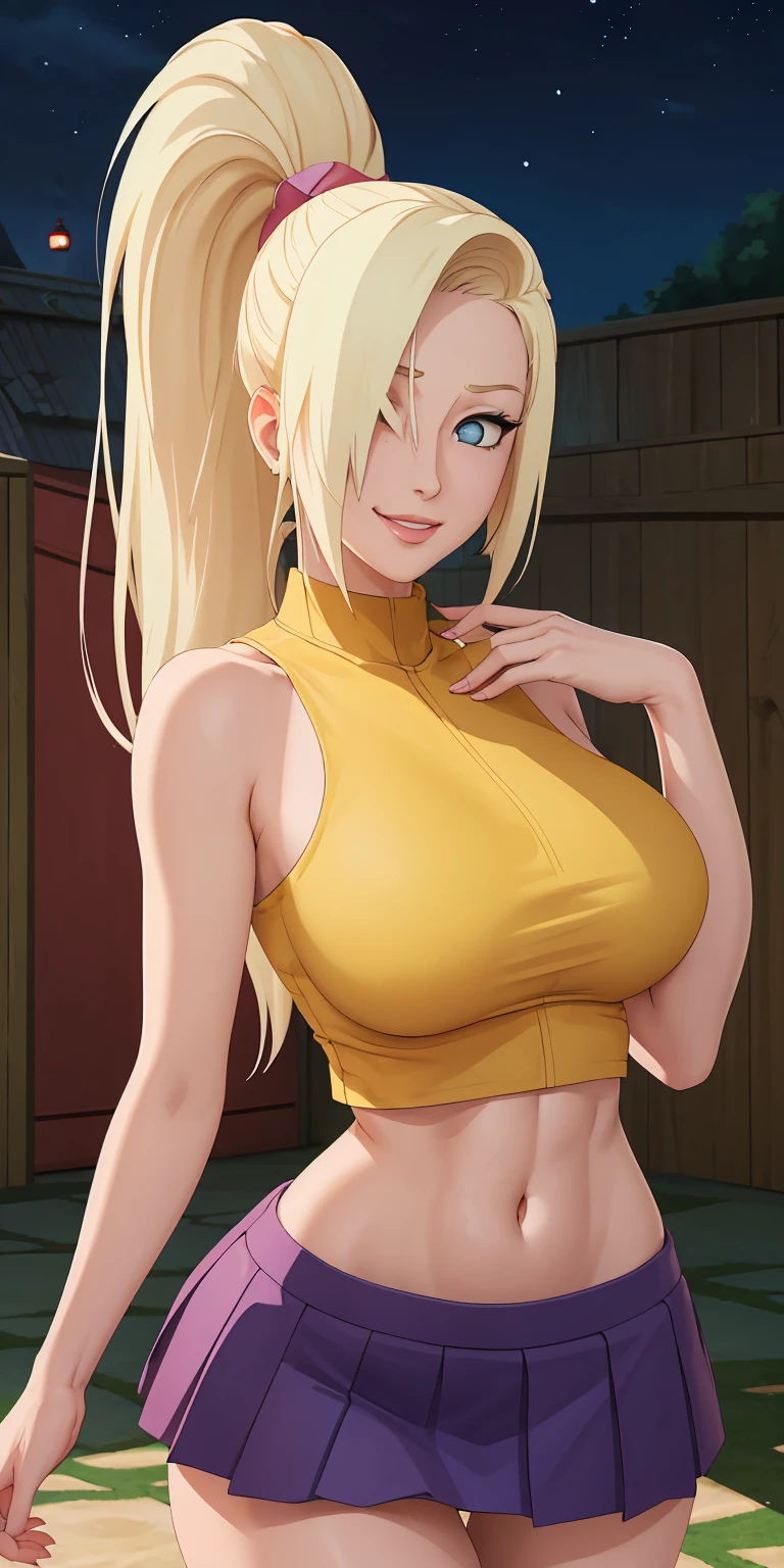 masterpiece, best quality, extremely detail 8k cg, high resolution, 1girl, solo, mature female, Skirt_InoYamanaka_ownwaifu, blonde hair, blue eyes, hair over one eye, large breasts, long hair, ponytail, crop top, midriff, miniskirt, bare shoulders, bow, purple skirt, sleeveless, yellow shirt, titsonastick, skindentation, bare shoulders, thigh gap, seductive expression, smirk, beautiful face, night time, konohavillage, medium full shot