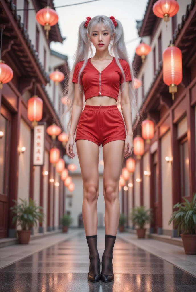 masterpiece,Best quality,high resolution, 1 Girl,From below,(The legs are very thin and straight)，,(Very long legs，[Straight Legs),,High heels,Long Method,Stand up, Long legs from the front, Perfect body,Have perfect legs,(Appearance)，Full body nymphomaniac，Cyberpunk Characters，Dynamic poses，1 Girl，Exquisite eyes，Brown eyes，Eyeshadow，make up，Long white hair， Detailed face， Detailed eyes， View audience， Blush\（make up\）， Full lips， Red lips，（Long white hair：1.3）， （Stand up）Mechanical static，Mechanical Summoning，(Hair accessories:1.1)，Headdress，((((Red school uniform，Short shorts))))，(Black pantyhose)，City，Luminous winding，，Cyberpunk Lights:1.1)，Neon，Full of mechanical and futuristic elements，technology，背景是一条传统的中国street，Chinatown， street， sky sky， Cyberpunk Characters， Paper Lanterns， Neon Super Resolution，（Realism：1.3），1（：1.2），Dramatic lighting，Vivid details，Luxury Cyberpunk，Complex background，Rendered by Octane，