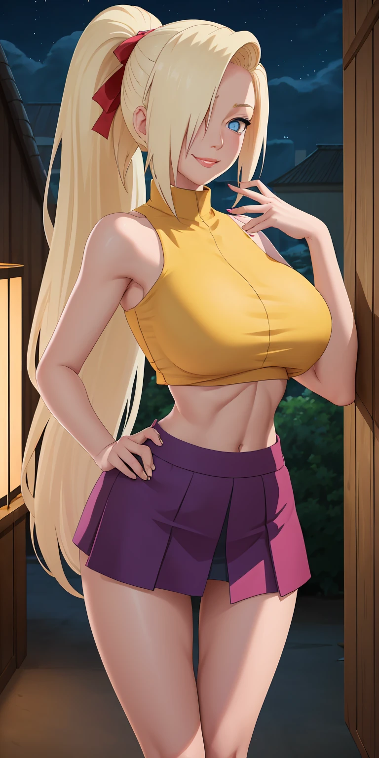 masterpiece, best quality, extremely detail 8k cg, high resolution, 1girl, solo, mature female, Skirt_InoYamanaka_ownwaifu, blonde hair, blue eyes, hair over one eye, large breasts, long hair, ponytail, crop top, midriff, miniskirt, bare shoulders, bow, purple skirt, sleeveless, yellow shirt, titsonastick, skindentation, bare shoulders, thigh gap, seductive expression, smirk, beautiful face, night time, konohavillage, medium full shot