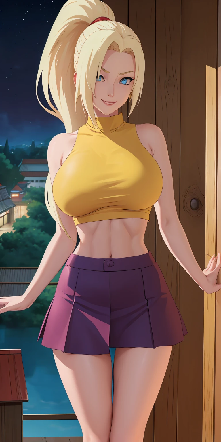 masterpiece, best quality, extremely detail 8k cg, high resolution, 1girl, solo, mature female, Skirt_InoYamanaka_ownwaifu, blonde hair, blue eyes, hair over one eye, large breasts, long hair, ponytail, crop top, midriff, miniskirt, bare shoulders, bow, purple skirt, sleeveless, yellow shirt, titsonastick, skindentation, bare shoulders, thigh gap, seductive expression, smirk, beautiful face, night time, konohavillage, medium full shot