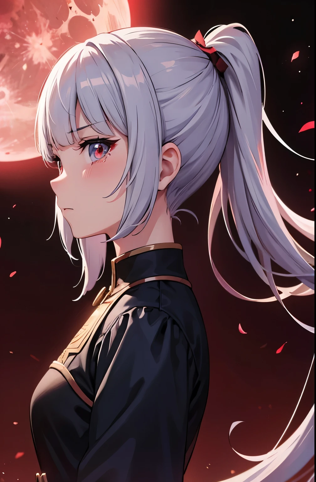 girl  I have faced death And I managed to defeat it 1 girl, Alone,  close up , Upper body, front view, looking at the viewer, angry face, wallpaper, red moon background, Teary eyes