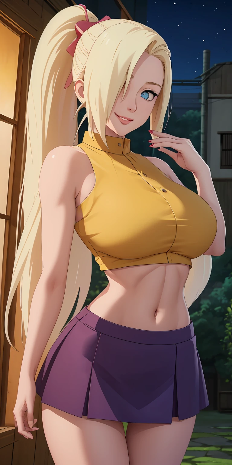 masterpiece, best quality, extremely detail 8k cg, high resolution, 1girl, solo, mature female, Skirt_InoYamanaka_ownwaifu, blonde hair, blue eyes, hair over one eye, large breasts, long hair, ponytail, crop top, midriff, miniskirt, bare shoulders, bow, purple skirt, sleeveless, yellow shirt, titsonastick, skindentation, bare shoulders, thigh gap, seductive expression, smirk, beautiful face, night time, konohavillage, medium full shot