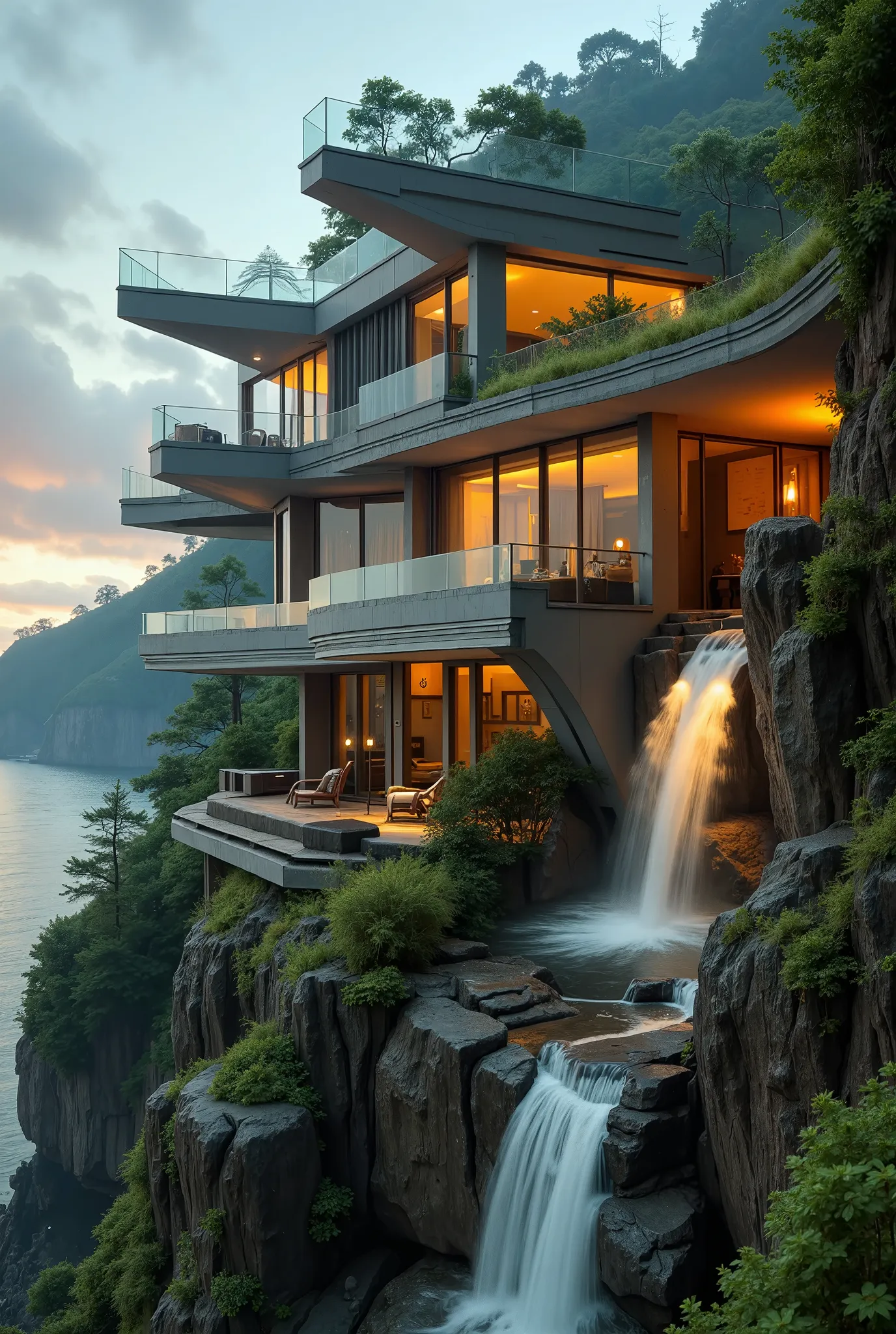 design a high-fidelity, ultra-quality architectural masterpiece inspired by fallingwater. the building should feature a series o...