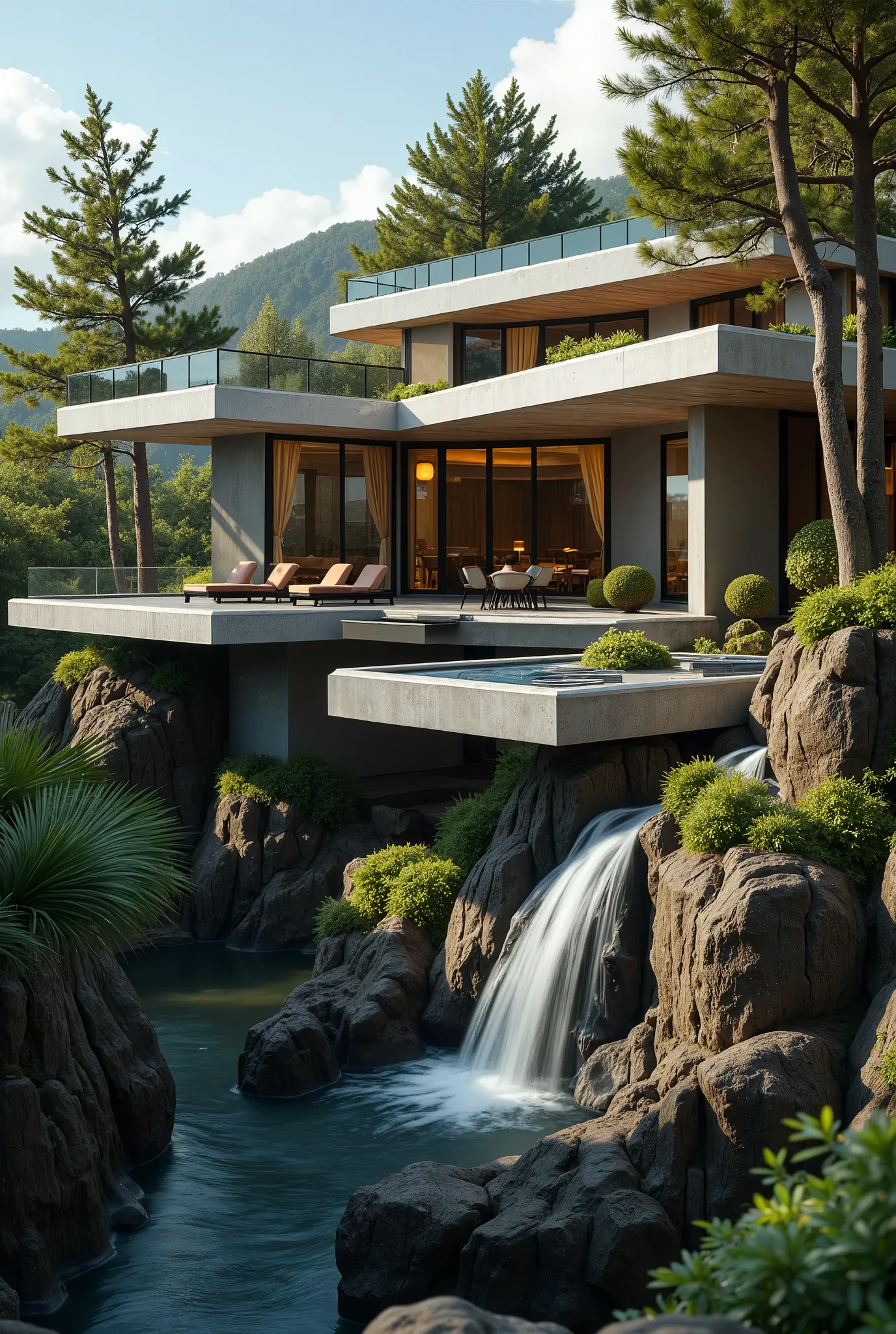 design a high-fidelity, ultra-quality architectural masterpiece inspired by fallingwater. the building should feature a series o...