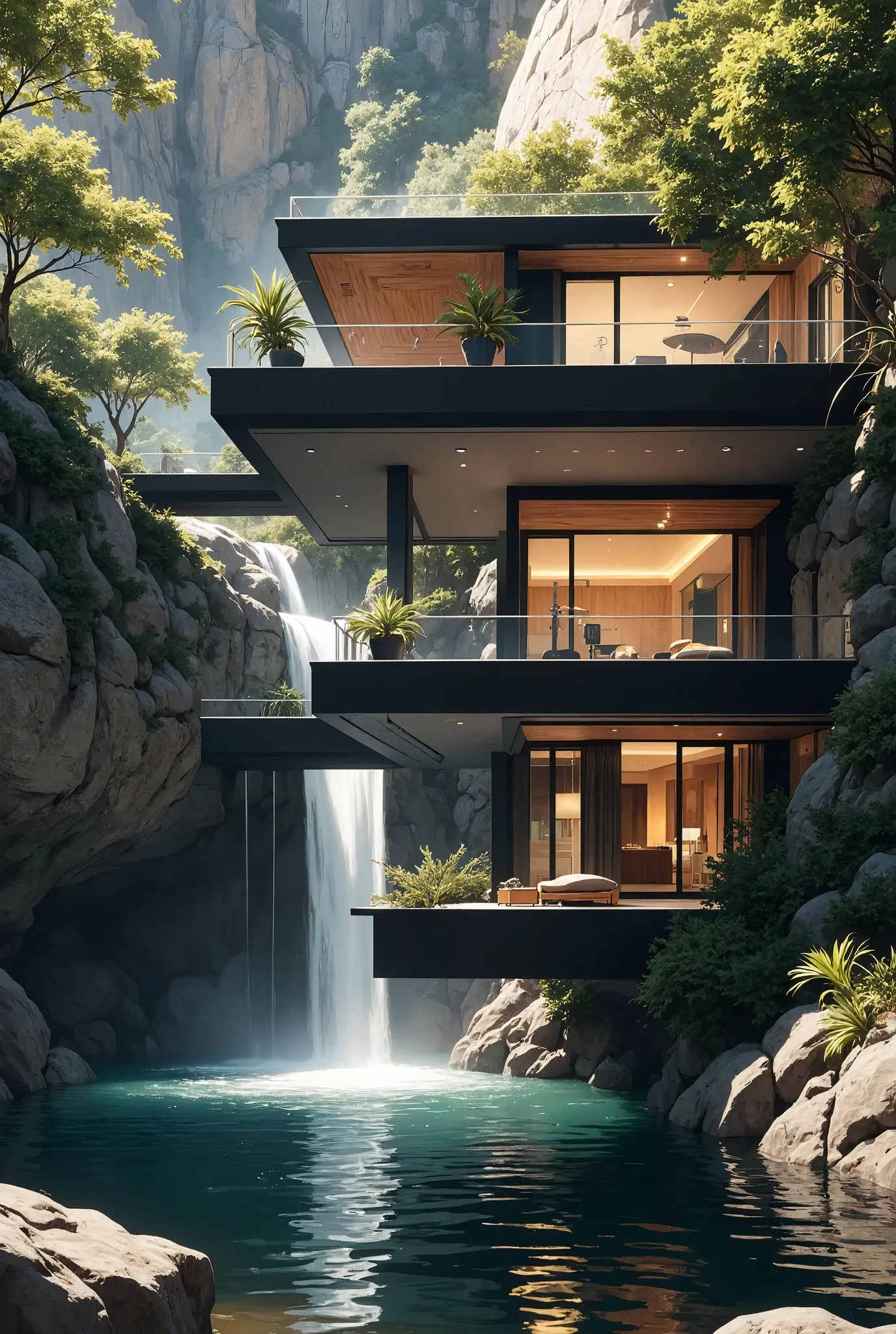 design a high-fidelity, ultra-quality architectural masterpiece inspired by fallingwater. the building should feature a series o...