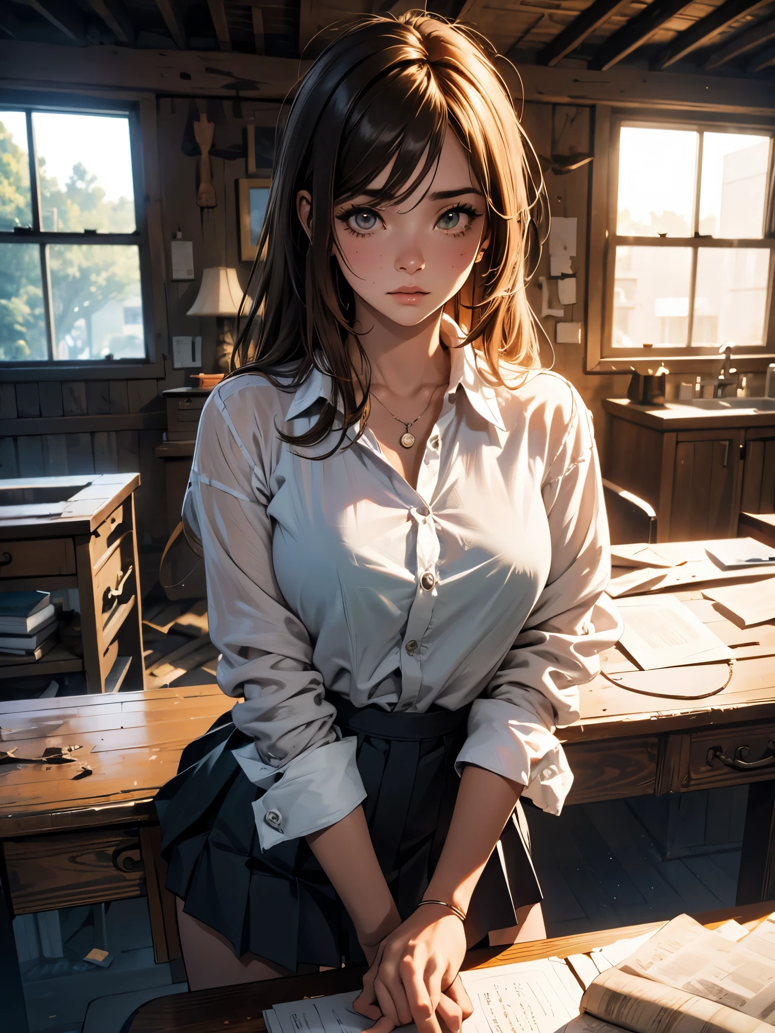 Arti future anime. Birds eye view, dirty woman sitting on chair in dilapidated house, wet messy hair over eyes, detailed bodycon shirt and pleated skirt. vixip, close-up landscape, hurt. Hand drawing, cinematic lighting, highly detailed. White, brown, red. Perfect composition, masterpiece, best quality, 4k, sharp focus. perfect anatomy.