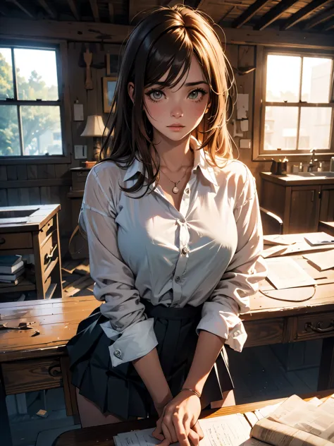 arti future anime. birds eye view, dirty woman sitting on chair in dilapidated house, wet messy hair over eyes, detailed bodycon...