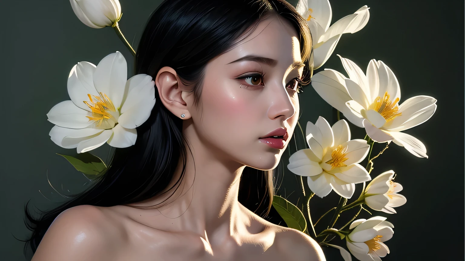 Chiaroscuro Technique for Elegant Illustrations , Retro and nostalgic ,There are silk-like flowers around the body, Painting, By Hannah Dell, author：Harumi Hironaka, Extremely soft colors, Vibrant, pastel, Highly detailed, Digital Art, High contrast, dramatic, refined, tone, Golden Ratio