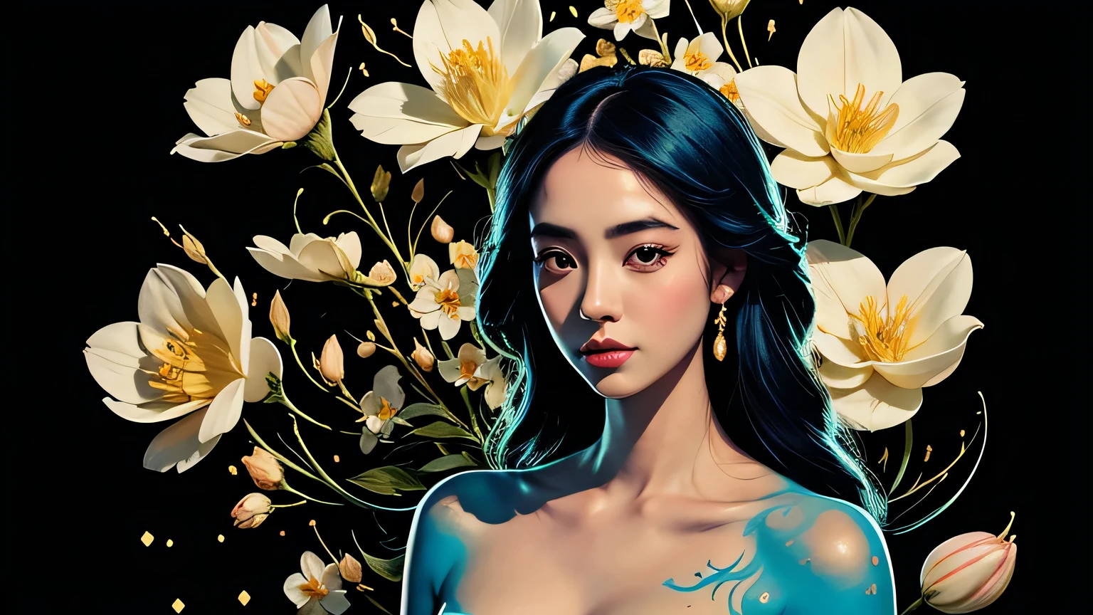 Chiaroscuro Technique for Elegant Illustrations , Retro and nostalgic ,There are silk-like flowers around the body, Painting, By Hannah Dell, author：Harumi Hironaka, Extremely soft colors, Vibrant, pastel, Highly detailed, Digital Art, High contrast, dramatic, refined, tone, Golden Ratio