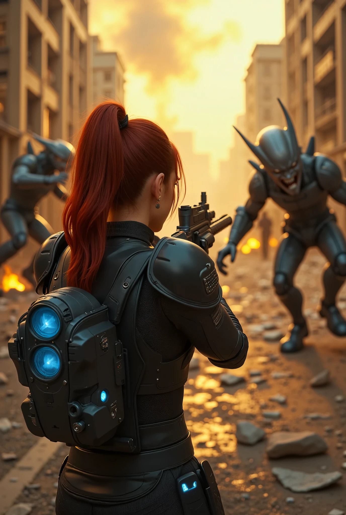 A high-fidelity, cinematic action shot of a futuristic female soldier aiming her weapon at monstrous alien creatures charging toward her through a war-torn, dystopian city. The female warrior, with sleek red hair tied back, is clad in advanced, high-tech combat armor with glowing blue accents. The background features crumbling buildings, fires burning amidst the debris, and thick clouds of smoke rising into the yellow, dust-filled sky, creating a post-apocalyptic atmosphere. The alien creatures, with menacing claws and twisted limbs, move quickly across the decimated urban landscape toward the soldier, adding urgency and danger to the scene. The perspective is from behind the soldier, emphasizing her determination as she prepares to engage in a desperate battle.
