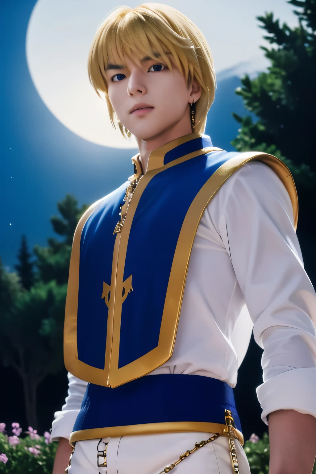 1boy, masterpiece, realistic, absurdres, best quality, high resolution, Kurapika, japanese boy, very handsome, perfect face, cute face, intricate detail, clear and beautiful detailed eyes, messy blonde short hair, shiny hair, bangs, blue tabard, white shirt, white pants, gold trim, holdig a chain, chains flying, slim muscular, handsome muscle, detailed skin, perfect hand, good anatomy, looking at camera, action scene, dynamic pose, fantasy, night, tree, Moonlight at night, wilderness, flowers, skynight, studio lighting, soft light, upper body portrait, front view, Professional photography, 8K UHD,