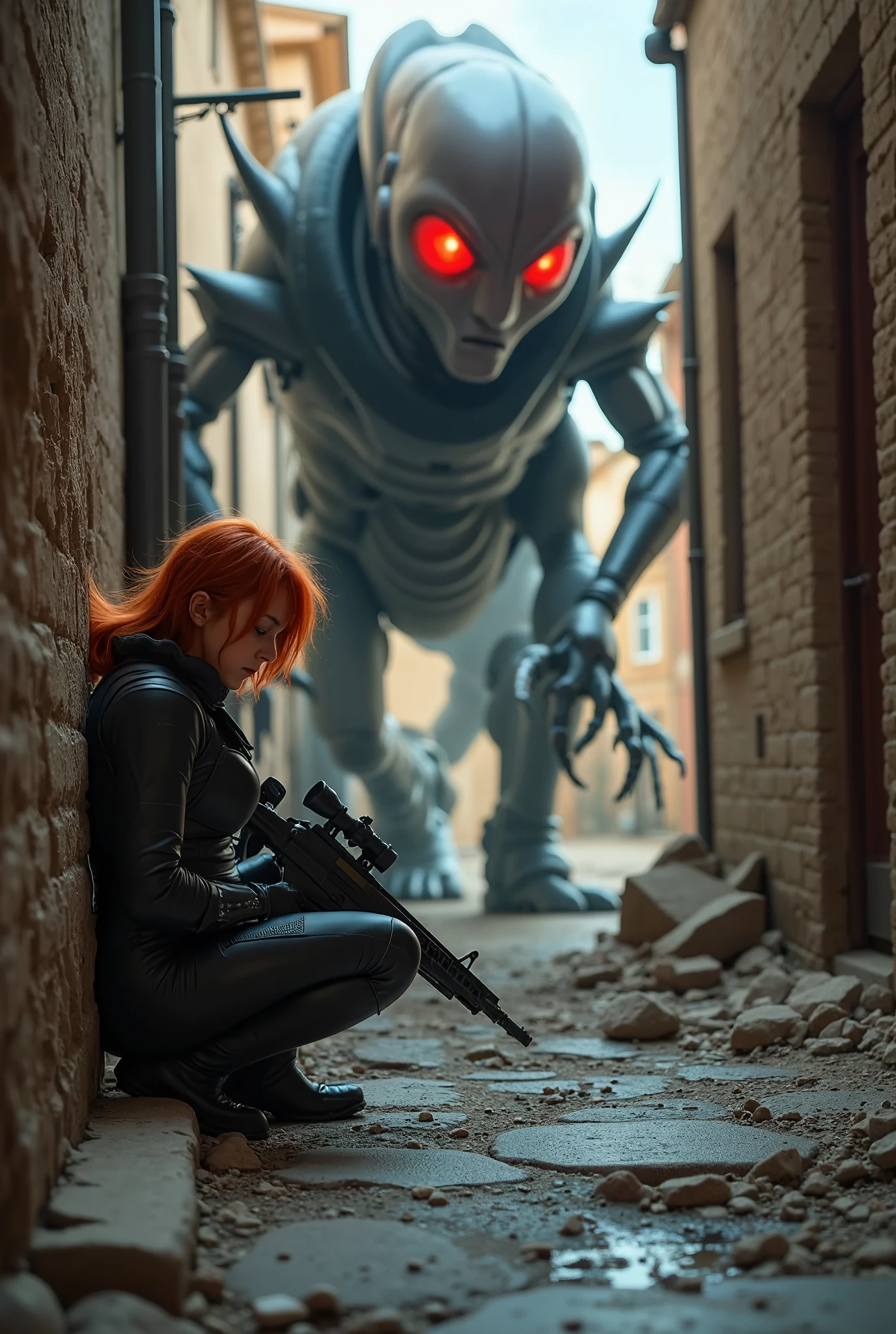 In the narrow alley, the red-haired soldier crouched low behind the crumbling wall, her sleek body-fitting armor blending into the shadows. She kept her breath steady, fingers wrapped tightly around the grip of her sniper rifle, the muzzle resting lightly against her knee. The ground was littered with rubble, but she remained silent, every muscle tense and ready.

Ahead, the monstrous alien lumbered forward, its glowing red eyes sweeping the space in front of it, unaware of her presence just behind the wall. Its claws scraped the ground, sending small stones skittering across the debris-strewn alley. The alien’s shadow stretched long across the ground, creeping closer as it moved past her hiding spot.

The soldier’s sharp eyes tracked its every step, her finger slowly moving toward the trigger. She waited, not daring to move until the creature’s massive form fully passed. In the fleeting moments of stillness, she adjusted her aim, positioning herself for the perfect shot as soon as the alien was in the clear.