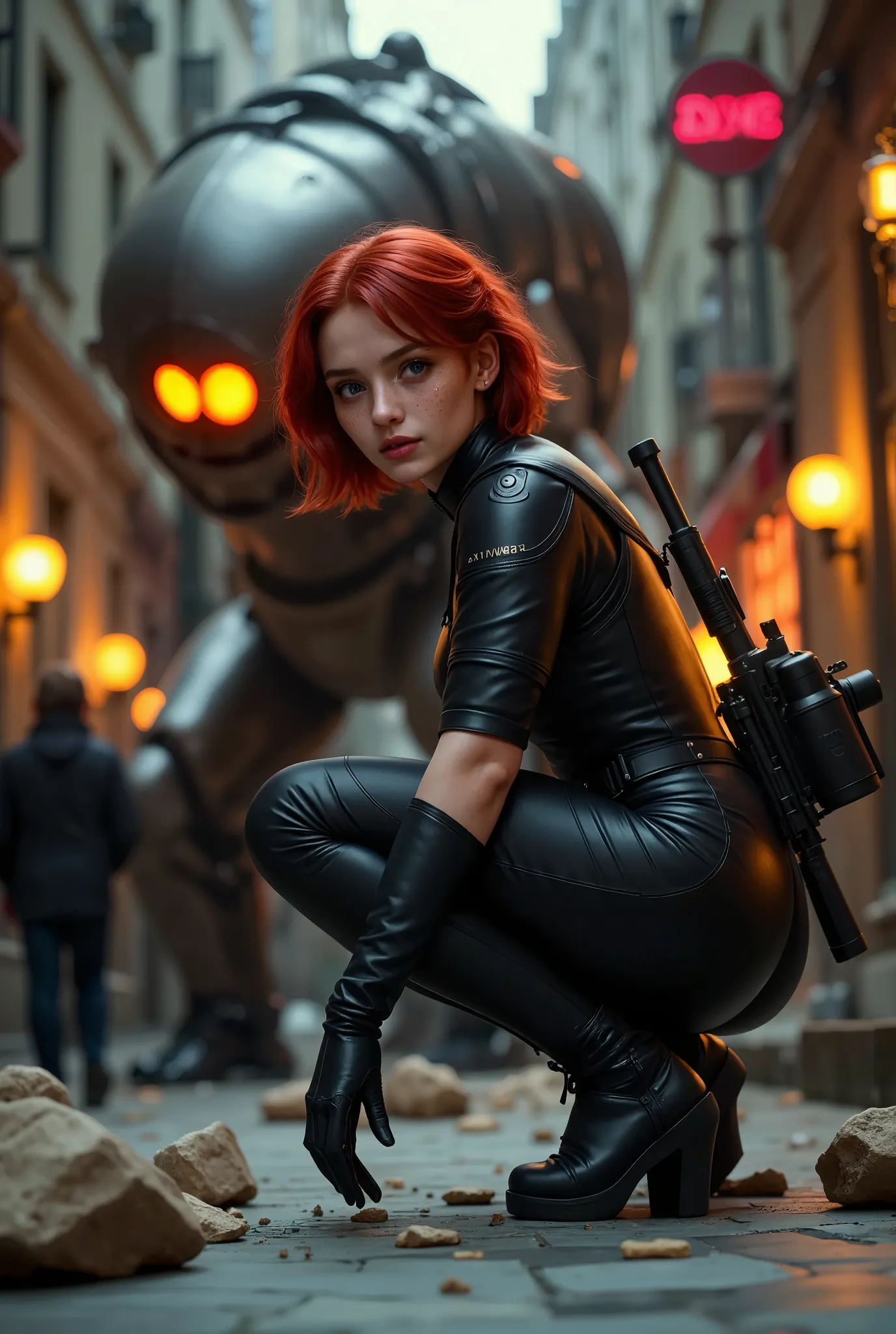 in the narrow alley, the red-haired soldier crouched low behind the crumbling wall, her sleek body-fitting armor blending into t...